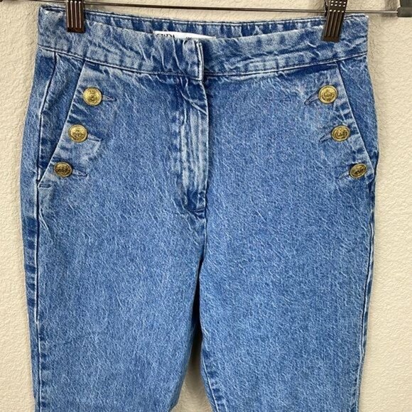 Zara High Rise Sailor Button Slant Pocket Jeans Vintage Wash Straight Leg Sz S - Picture 5 of 14
